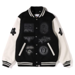 A BATHING APE® Shark Hooded Varsity Jacket Black and white