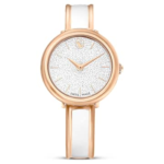 Crystalline bangle watch Swiss Made, Metal bracelet, White, Rose gold-tone finish