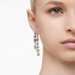 Gema drop earrings Asymmetrical design, Mixed cuts, Long, Multicoloured, Rhodium plated - Image 2