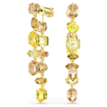 Gema drop earrings, Asymmetrical design, Mixed cuts, Long, Yellow, 18K gold finish