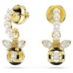 Idyllia drop earrings, Crystal pearl, Mixed cuts, Bee, Multicoloured, 18K gold finish