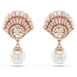 Idyllia drop earrings Crystal pearl, Shell, White, 18K rose gold finish