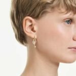 Idyllia drop earrings with ear cuff Mixed cuts, Heart with key, Pink, 18K gold finish - Image 2
