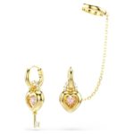 Idyllia drop earrings with ear cuff Mixed cuts, Heart with key, Pink, 18K gold finish