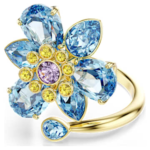 Idyllia open ring Mixed cuts, Flower, Blue, 18K gold finish