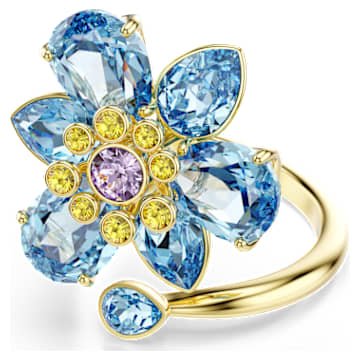 idyllia-open-ring-mixed-cuts-flower-blue-18k-gold-finish-swarovski-5709031 Idyllia open ring Mixed cuts, Flower, Blue, 18K gold finish - Image 1