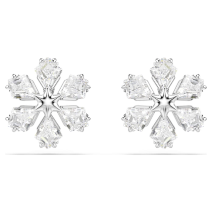 Idyllia stud earrings, Mixed cuts, Snowflake, White, Rhodium plated