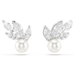 Louison Pearl stud earrings Leaf, White, Rhodium plated