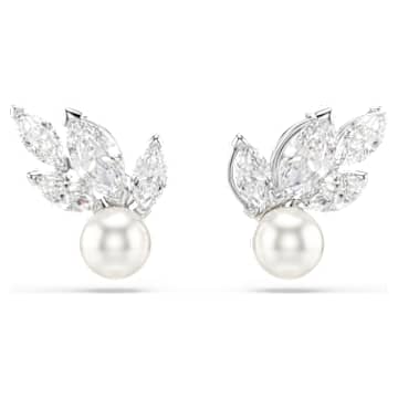 louison-pearl-stud-earrings-leaf-white-rhodium-plated-swarovski-5627346 Louison Pearl stud earrings Leaf, White, Rhodium plated - Image 1