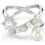Matrix cocktail ring Crystal pearl, Round cut, White, Rhodium plated