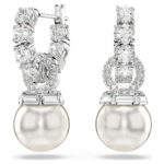 Matrix drop earrings, Crystal pearl, Round cut, White, Rhodium plated