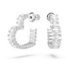 Matrix hoop earrings, Baguette cut, Heart, Small, White, Rhodium plated