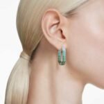 Matrix hoop earrings Baguette cut, Octagon shape, Colour gradient, Green, Rhodium plated - Image 2