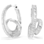 Matrix hoop earrings Baguette cut, Ribbon, White, Rhodium plated