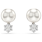 Matrix stud earrings, Crystal pearl, Round cut, White, Rhodium plated