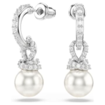Originally drop earrings Crystal pearl, Pavé, White, Rhodium plated
