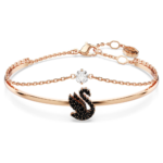 Swan bangle, Swan, Black, 18K rose gold finish