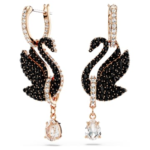 Swan drop earrings Swan, Black, 18K rose gold finish