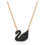 Swan pendant, Swan, Black, 18K rose gold finish