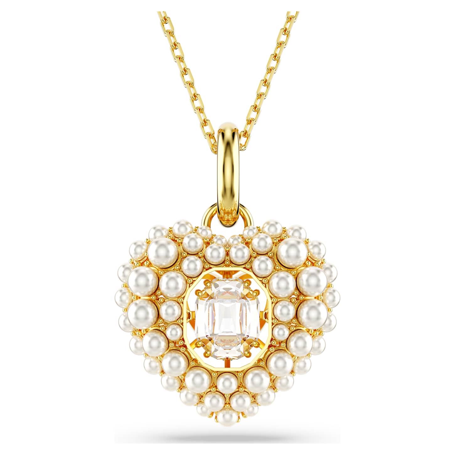 Hyperbola pendant Crystal pearl, Heart, White, Gold-tone plated