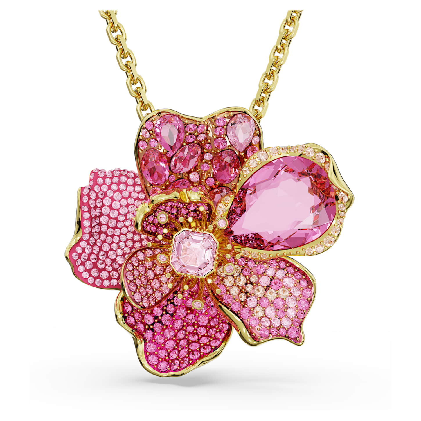 Idyllia pendant and brooch Pavé, Flower, Pink, 18K gold finish
