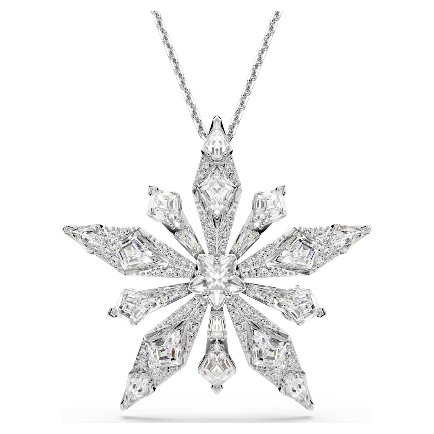 Idyllia pendant and brooch Star, White, Rhodium plated