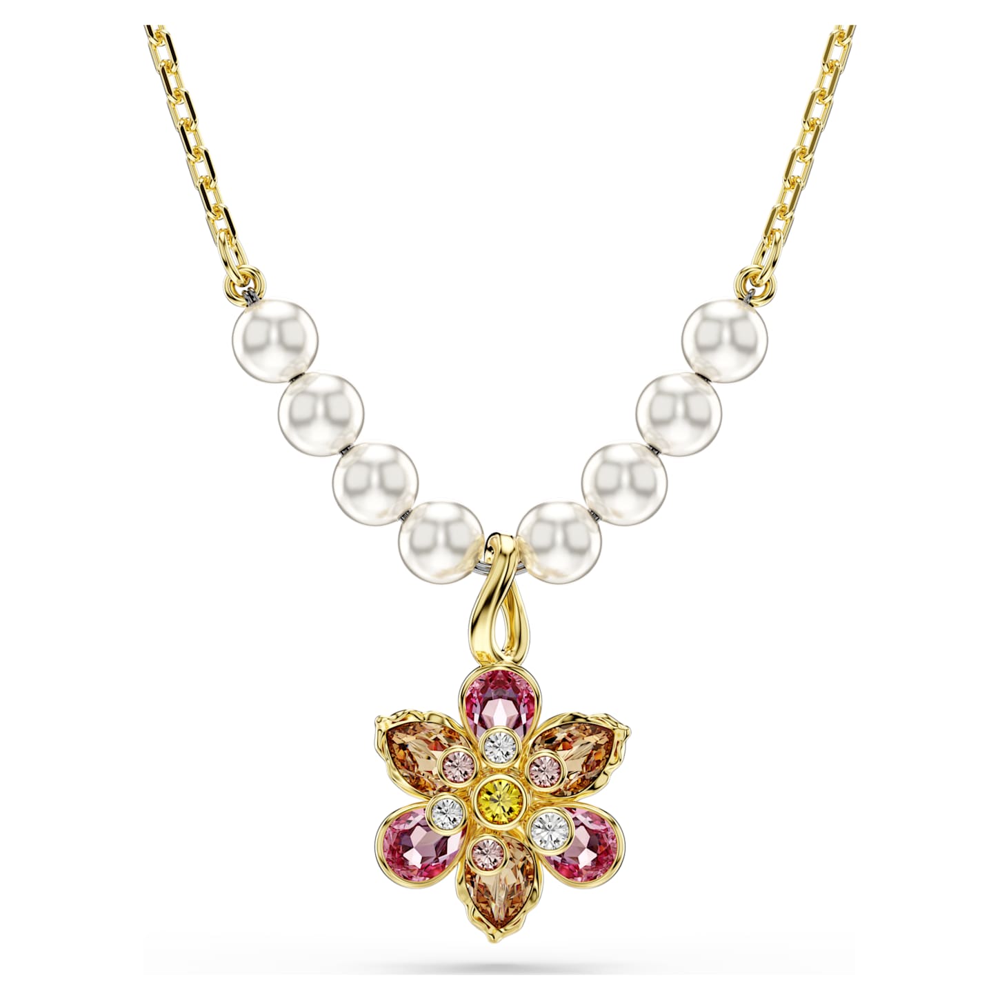 Idyllia pendant Crystal pearl, Mixed cuts, Flower, Multicoloured, 18K gold finish