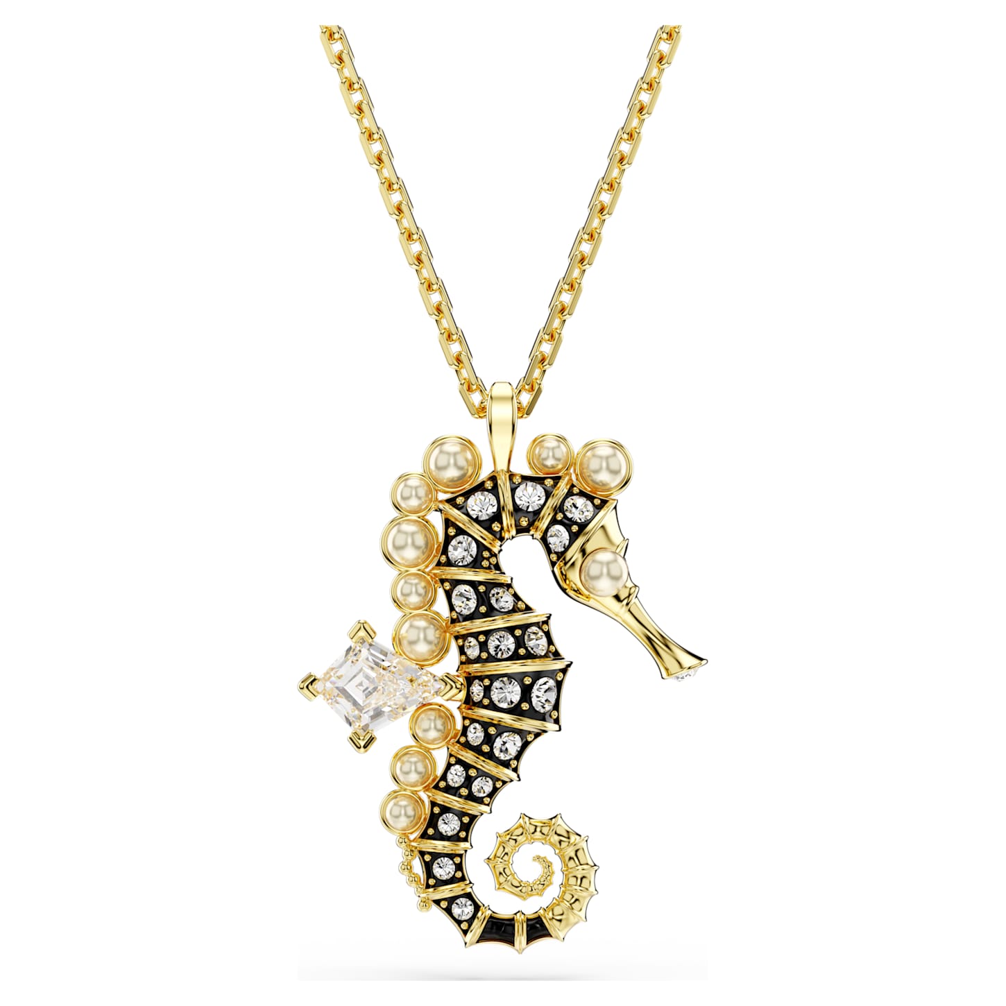 Idyllia pendant Crystal pearls, Seahorse, White, 18K gold finish