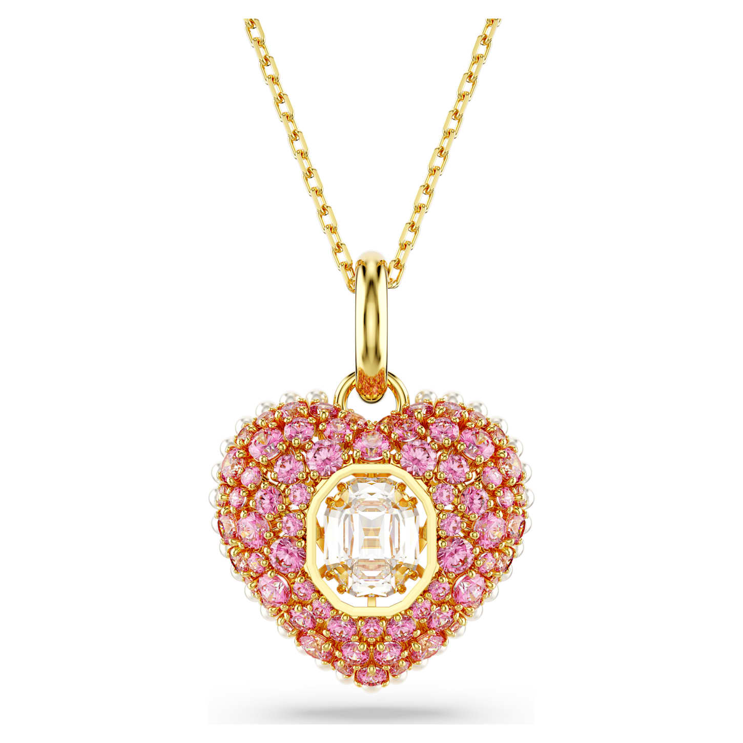 Idyllia pendant Octagon cut, Crystal pearl, Heart, Pink, 18K gold finish