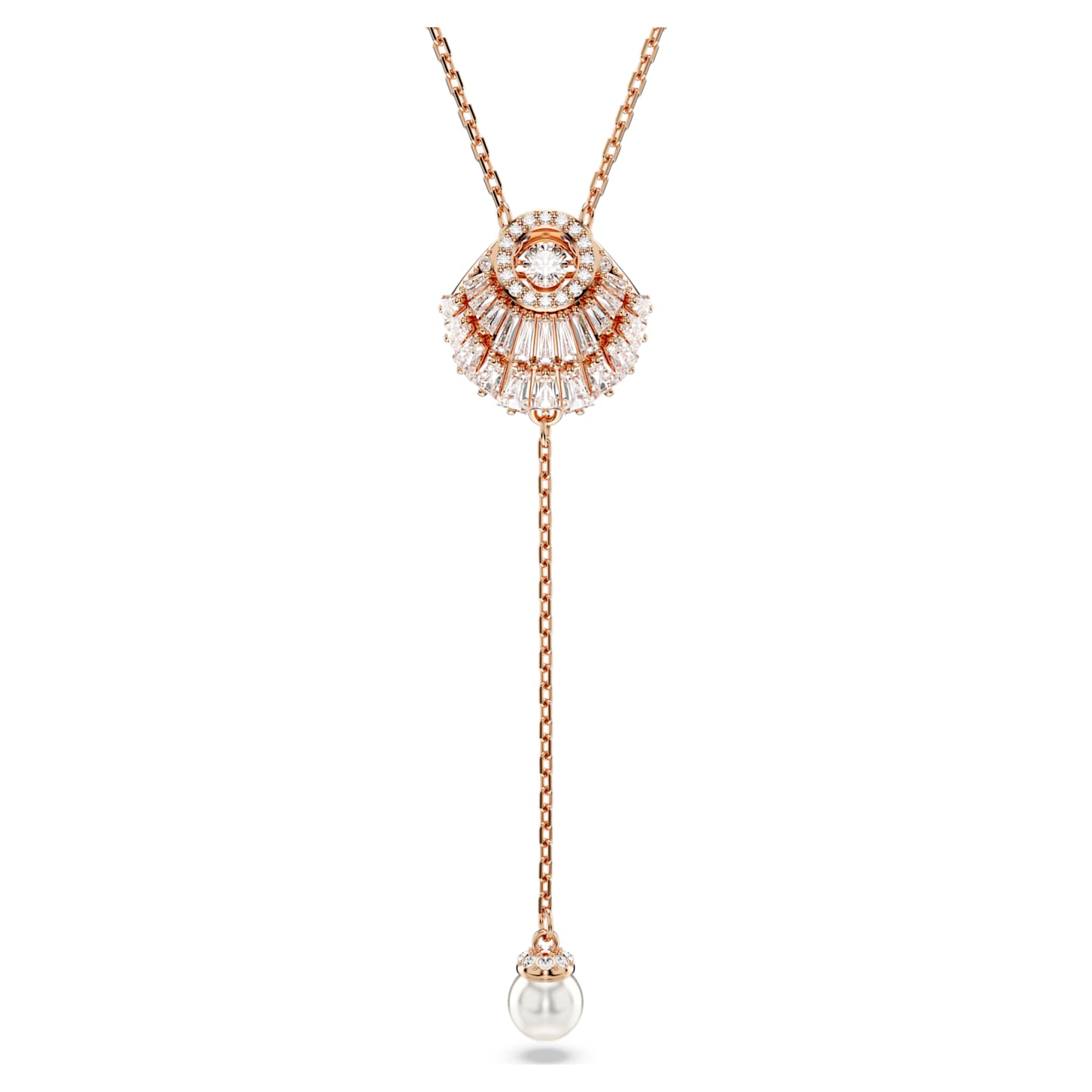 Idyllia Y pendant Crystal pearl, Shell, White, 18K rose gold finish